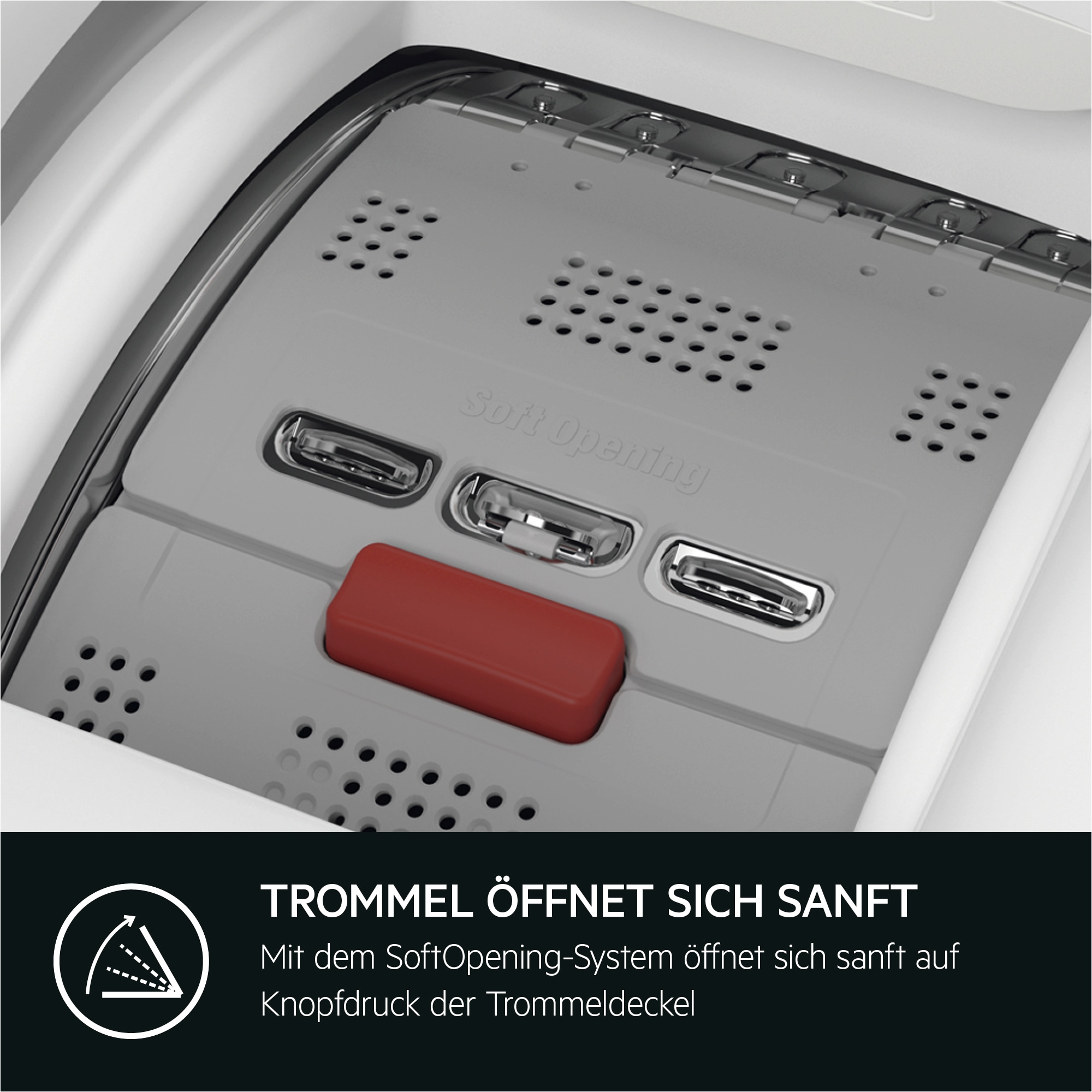 Waschtrommel eines Toploaders mit SoftOpening-System, das sich sanft per Knopfdruck öffnet.