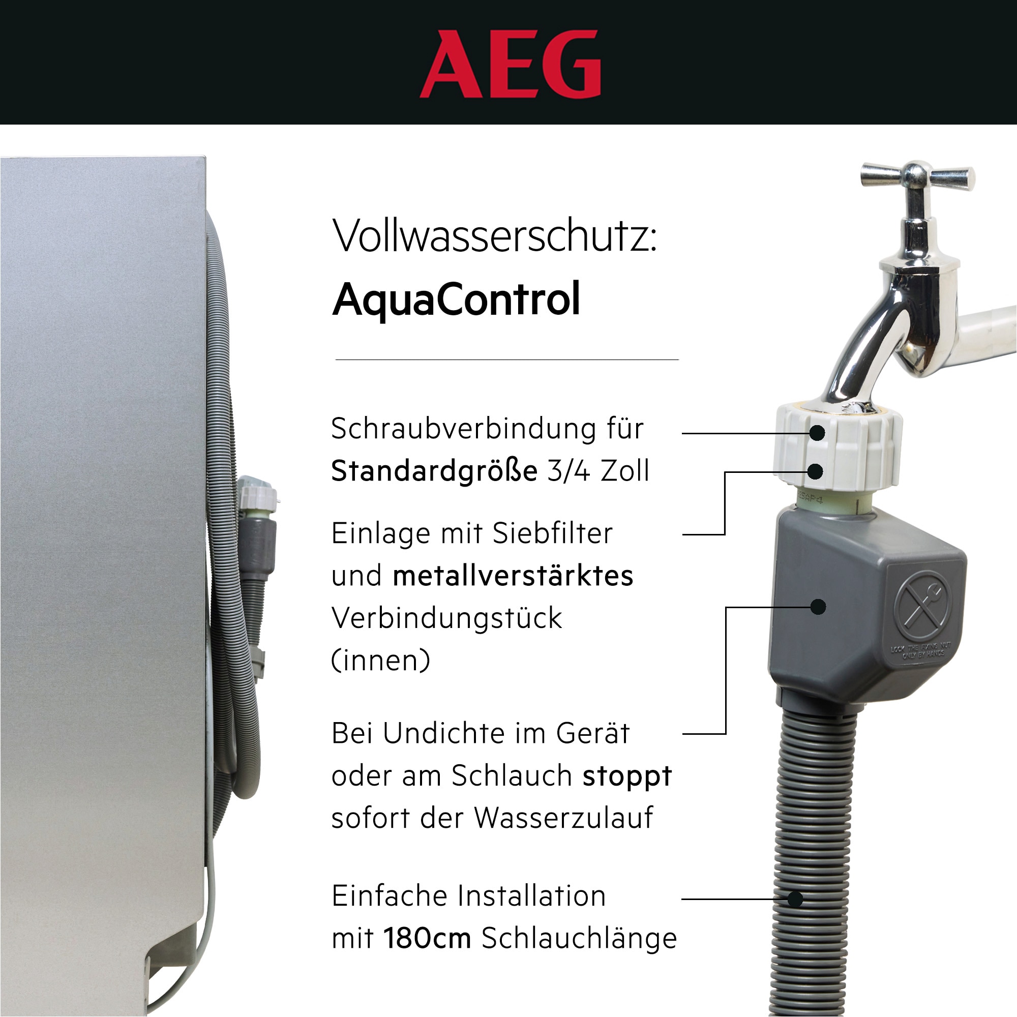 AEG AquaControl mit 180 cm Schlauch und Sicherheitsstopp bei Undichte – Vollwasserschutzsystem.