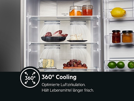 Lebensmittel im Kühlschrank mit gleichmäßiger Umluftkühlung.