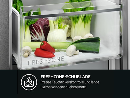 Gemüse in transparenter FreshZone-Schublade mit hoher Luftfeuchtigkeit.