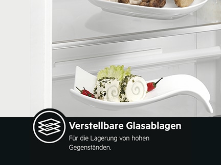 Kühlschrank mit angepasster Glasablage für höhere Gegenstände.