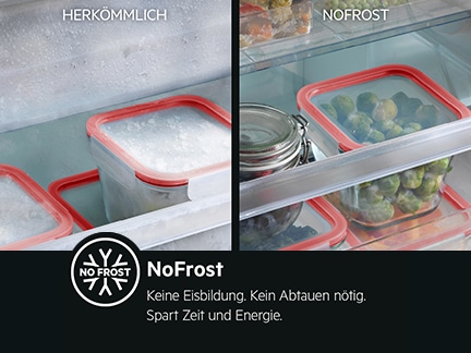 Vergleich: Gefrierfach mit Eisbildung vs. NoFrost ohne Reif.